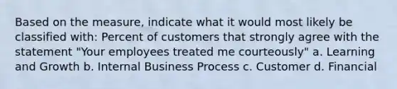 Based on the measure, indicate what it would most likely be classified with: Percent of customers that strongly agree with the statement "Your employees treated me courteously" a. Learning and Growth b. Internal Business Process c. Customer d. Financial