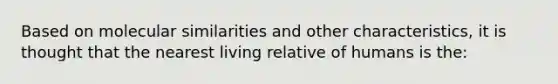 Based on molecular similarities and other characteristics, it is thought that the nearest living relative of humans is the: