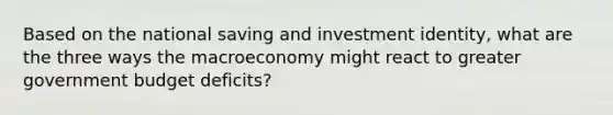 Based on the national saving and investment identity, what are the three ways the macroeconomy might react to greater government budget deficits?