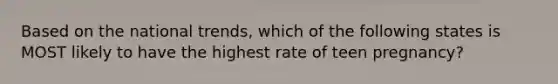 Based on the national trends, which of the following states is MOST likely to have the highest rate of teen pregnancy?