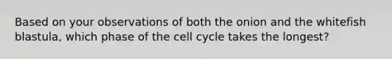 Based on your observations of both the onion and the whitefish blastula, which phase of the <a href='https://www.questionai.com/knowledge/keQNMM7c75-cell-cycle' class='anchor-knowledge'>cell cycle</a> takes the longest?