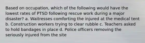 Based on occupation, which of the following would have the lowest rates of PTSD following rescue work during a major disaster? a. Waitresses comforting the injured at the medical tent b. Construction workers trying to clear rubble c. Teachers asked to hold bandages in place d. Police officers removing the seriously injured from the site