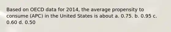 Based on OECD data for 2014, the average propensity to consume (APC) in the United States is about a. 0.75. b. 0.95 c. 0.60 d. 0.50