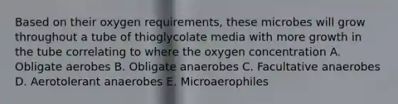 Based on their oxygen requirements, these microbes will grow throughout a tube of thioglycolate media with more growth in the tube correlating to where the oxygen concentration A. Obligate aerobes B. Obligate anaerobes C. Facultative anaerobes D. Aerotolerant anaerobes E. Microaerophiles