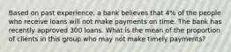 Based on past​ experience, a bank believes that​ 4% of the people who receive loans will not make payments on time. The bank has recently approved 300 loans. What is the mean of the proportion of clients in this group who may not make timely​ payments?