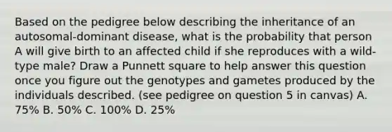 Based on the pedigree below describing the inheritance of an autosomal-dominant disease, what is the probability that person A will give birth to an affected child if she reproduces with a wild-type male? Draw a Punnett square to help answer this question once you figure out the genotypes and gametes produced by the individuals described. (see pedigree on question 5 in canvas) A. 75% B. 50% C. 100% D. 25%