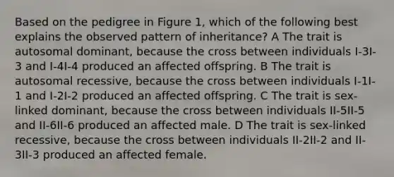 Based on the pedigree in Figure 1, which of the following best explains the observed pattern of inheritance? A The trait is autosomal dominant, because the cross between individuals I-3I-3 and I-4I-4 produced an affected offspring. B The trait is autosomal recessive, because the cross between individuals I-1I-1 and I-2I-2 produced an affected offspring. C The trait is sex-linked dominant, because the cross between individuals II-5II-5 and II-6II-6 produced an affected male. D The trait is sex-linked recessive, because the cross between individuals II-2II-2 and II-3II-3 produced an affected female.