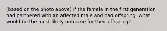 (based on the photo above) If the female in the first generation had partnered with an affected male and had offspring, what would be the most likely outcome for their offspring?