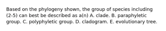 Based on the phylogeny shown, the group of species including (2-5) can best be described as a(n) A. clade. B. paraphyletic group. C. polyphyletic group. D. cladogram. E. evolutionary tree.