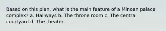 Based on this plan, what is the main feature of a Minoan palace complex? a. Hallways b. The throne room c. The central courtyard d. The theater