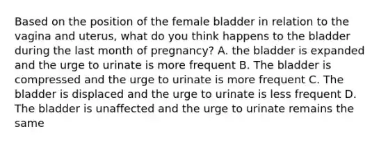 Based on the position of the female bladder in relation to the vagina and uterus, what do you think happens to the bladder during the last month of pregnancy? A. the bladder is expanded and the urge to urinate is more frequent B. The bladder is compressed and the urge to urinate is more frequent C. The bladder is displaced and the urge to urinate is less frequent D. The bladder is unaffected and the urge to urinate remains the same