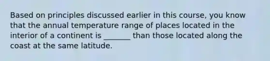 Based on principles discussed earlier in this course, you know that the annual temperature range of places located in the interior of a continent is _______ than those located along the coast at the same latitude.