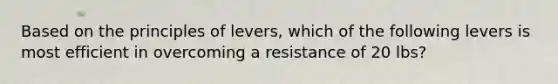 Based on the principles of levers, which of the following levers is most efficient in overcoming a resistance of 20 lbs?