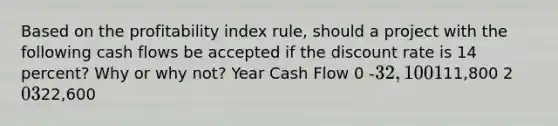 Based on the profitability index rule, should a project with the following cash flows be accepted if the discount rate is 14 percent? Why or why not? Year Cash Flow 0 -32,100 111,800 2 0 322,600