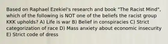 Based on Raphael Ezekiel's research and book "The Racist Mind", which of the following is NOT one of the beliefs the racist group KKK upholds? A) Life is war B) Belief in conspiracies C) Strict categorization of race D) Mass anxiety about economic insecurity E) Strict code of dress