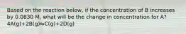 Based on the reaction below, if the concentration of B increases by 0.0830 M, what will be the change in concentration for A? 4A(g)+2B(g)⇋C(g)+2D(g)