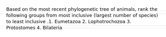 Based on the most recent phylogenetic tree of animals, rank the following groups from most inclusive (largest number of species) to least inclusive .1. Eumetazoa 2. Lophotrochozoa 3. Protostomes 4. Bilateria