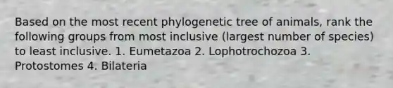 Based on the most recent phylogenetic tree of animals, rank the following groups from most inclusive (largest number of species) to least inclusive. 1. Eumetazoa 2. Lophotrochozoa 3. Protostomes 4. Bilateria