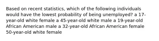 Based on recent statistics, which of the following individuals would have the lowest probability of being unemployed? a 17-year-old white female a 45-year-old white male a 19-year-old African American male a 32-year-old African American female 50-year-old white female