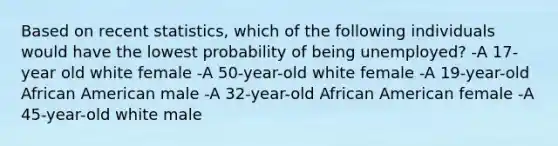 Based on recent statistics, which of the following individuals would have the lowest probability of being unemployed? -A 17-year old white female -A 50-year-old white female -A 19-year-old African American male -A 32-year-old African American female -A 45-year-old white male