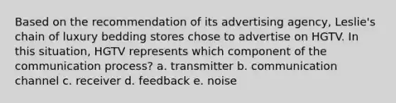 Based on the recommendation of its advertising agency, Leslie's chain of luxury bedding stores chose to advertise on HGTV. In this situation, HGTV represents which component of <a href='https://www.questionai.com/knowledge/kTysIo37id-the-communication-process' class='anchor-knowledge'>the communication process</a>? a. transmitter b. communication channel c. receiver d. feedback e. noise