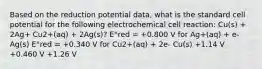 Based on the reduction potential data, what is the standard cell potential for the following electrochemical cell reaction: Cu(s) + 2Ag+ Cu2+(aq) + 2Ag(s)? E°red = +0.800 V for Ag+(aq) + e- Ag(s) E°red = +0.340 V for Cu2+(aq) + 2e- Cu(s) +1.14 V +0.460 V +1.26 V