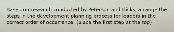 Based on research conducted by Peterson and Hicks, arrange the steps in the development planning process for leaders in the correct order of occurrence. (place the first step at the top)