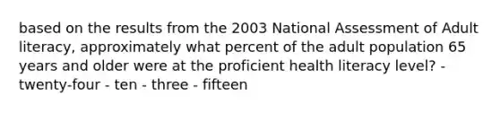 based on the results from the 2003 National Assessment of Adult literacy, approximately what percent of the adult population 65 years and older were at the proficient health literacy level? - twenty-four - ten - three - fifteen