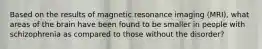 Based on the results of magnetic resonance imaging (MRI), what areas of the brain have been found to be smaller in people with schizophrenia as compared to those without the disorder?