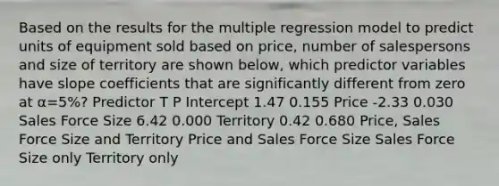 Based on the results for the multiple regression model to predict units of equipment sold based on price, number of salespersons and size of territory are shown below, which predictor variables have slope coefficients that are significantly different from zero at α=5%? Predictor T P Intercept 1.47 0.155 Price -2.33 0.030 Sales Force Size 6.42 0.000 Territory 0.42 0.680 Price, Sales Force Size and Territory Price and Sales Force Size Sales Force Size only Territory only