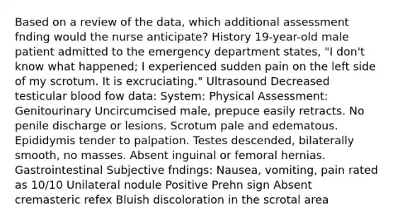 Based on a review of the data, which additional assessment fnding would the nurse anticipate? History 19-year-old male patient admitted to the emergency department states, "I don't know what happened; I experienced sudden pain on the left side of my scrotum. It is excruciating." Ultrasound Decreased testicular blood fow data: System: Physical Assessment: Genitourinary Uncircumcised male, prepuce easily retracts. No penile discharge or lesions. Scrotum pale and edematous. Epididymis tender to palpation. Testes descended, bilaterally smooth, no masses. Absent inguinal or femoral hernias. Gastrointestinal Subjective fndings: Nausea, vomiting, pain rated as 10/10 Unilateral nodule Positive Prehn sign Absent cremasteric refex Bluish discoloration in the scrotal area