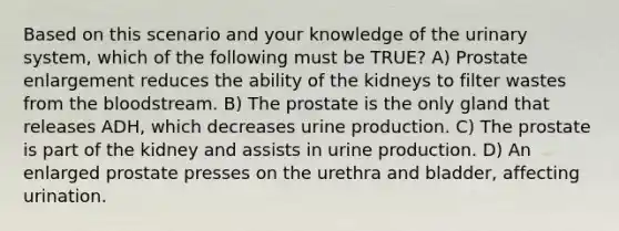 Based on this scenario and your knowledge of the urinary system, which of the following must be TRUE? A) Prostate enlargement reduces the ability of the kidneys to filter wastes from the bloodstream. B) The prostate is the only gland that releases ADH, which decreases urine production. C) The prostate is part of the kidney and assists in urine production. D) An enlarged prostate presses on the urethra and bladder, affecting urination.