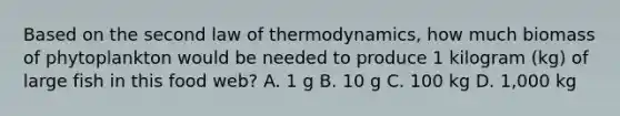 Based on the second law of thermodynamics, how much biomass of phytoplankton would be needed to produce 1 kilogram (kg) of large fish in this food web? A. 1 g B. 10 g C. 100 kg D. 1,000 kg