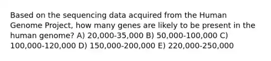 Based on the sequencing data acquired from the Human Genome Project, how many genes are likely to be present in the human genome? A) 20,000-35,000 B) 50,000-100,000 C) 100,000-120,000 D) 150,000-200,000 E) 220,000-250,000