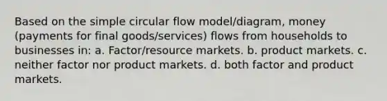 Based on the simple circular flow model/diagram, money (payments for final goods/services) flows from households to businesses in: a. Factor/resource markets. b. product markets. c. neither factor nor product markets. d. both factor and product markets.