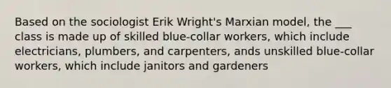 Based on the sociologist Erik Wright's Marxian model, the ___ class is made up of skilled blue-collar workers, which include electricians, plumbers, and carpenters, ands unskilled blue-collar workers, which include janitors and gardeners