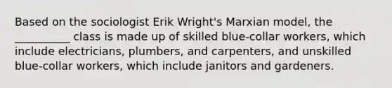 Based on the sociologist Erik Wright's Marxian model, the __________ class is made up of skilled blue-collar workers, which include electricians, plumbers, and carpenters, and unskilled blue-collar workers, which include janitors and gardeners.