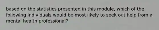 based on the statistics presented in this module, which of the following individuals would be most likely to seek out help from a mental health professional?