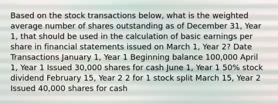 Based on the stock transactions below, what is the weighted average number of shares outstanding as of December 31, Year 1, that should be used in the calculation of basic earnings per share in financial statements issued on March 1, Year 2? Date Transactions January 1, Year 1 Beginning balance 100,000 April 1, Year 1 Issued 30,000 shares for cash June 1, Year 1 50% stock dividend February 15, Year 2 2 for 1 stock split March 15, Year 2 Issued 40,000 shares for cash