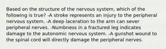 Based on the structure of the nervous system, which of the following is true? -A stroke represents an injury to the peripheral nervous system. -A deep laceration to the arm can sever peripheral nerves. -Numbness in a fractured leg indicates damage to the autonomic nervous system. -A gunshot wound to the spinal cord will directly damage the peripheral nerves.