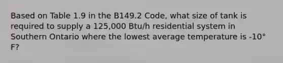 Based on Table 1.9 in the B149.2 Code, what size of tank is required to supply a 125,000 Btu/h residential system in Southern Ontario where the lowest average temperature is -10° F?