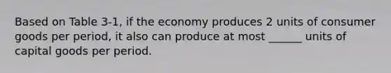 Based on Table 3-1, if the economy produces 2 units of consumer goods per period, it also can produce at most ______ units of capital goods per period.