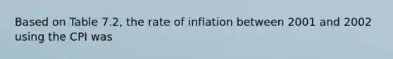 Based on Table 7.2, the rate of inflation between 2001 and 2002 using the CPI was