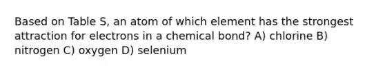 Based on Table S, an atom of which element has the strongest attraction for electrons in a chemical bond? A) chlorine B) nitrogen C) oxygen D) selenium