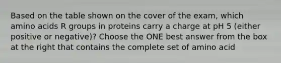 Based on the table shown on the cover of the exam, which amino acids R groups in proteins carry a charge at pH 5 (either positive or negative)? Choose the ONE best answer from the box at the right that contains the complete set of amino acid