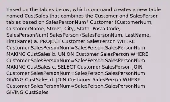 Based on the tables below, which command creates a new table named CustSales that combines the Customer and SalesPerson tables based on SalesPersonNum? Customer (CustomerNum, CustomerName, Street, City, State, PostalCode, SalesPersonNum) SalesPerson (SalesPersonNum, LastName, FirstName) a. PROJECT Customer SalesPerson WHERE Customer.SalesPersonNum=SalesPerson.SalesPersonNum MAKING CustSales b. UNION Customer SalesPerson WHERE Customer.SalesPersonNum=SalesPerson.SalesPersonNum MAKING CustSales c. SELECT Customer SalesPerson JOIN Customer.SalesPersonNum=SalesPerson.SalesPersonNum GIVING CustSales d. JOIN Customer SalesPerson WHERE Customer.SalesPersonNum=SalesPerson.SalesPersonNum GIVING CustSales