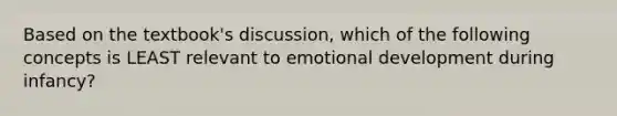 Based on the textbook's discussion, which of the following concepts is LEAST relevant to emotional development during infancy?