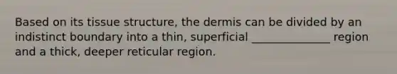 Based on its tissue structure, the dermis can be divided by an indistinct boundary into a thin, superficial ______________ region and a thick, deeper reticular region.