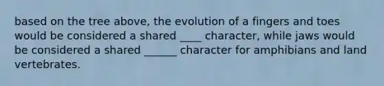 based on the tree above, the evolution of a fingers and toes would be considered a shared ____ character, while jaws would be considered a shared ______ character for amphibians and land vertebrates.