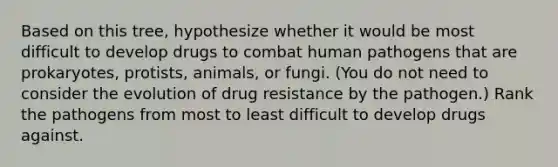 Based on this tree, hypothesize whether it would be most difficult to develop drugs to combat human pathogens that are prokaryotes, protists, animals, or fungi. (You do not need to consider the evolution of drug resistance by the pathogen.) Rank the pathogens from most to least difficult to develop drugs against.